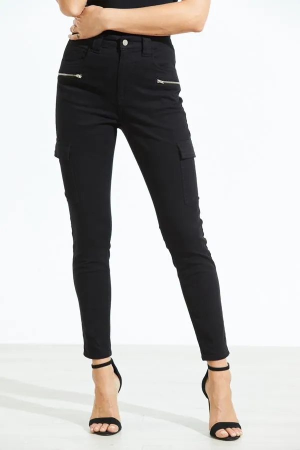 Sosandar Jeans and Jeggings Women Black Zip Detail Cargo Skinny Jeans Black