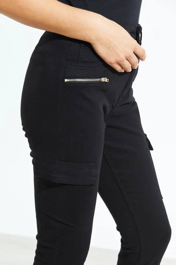 Sosandar Jeans and Jeggings Women Black Zip Detail Cargo Skinny Jeans Black