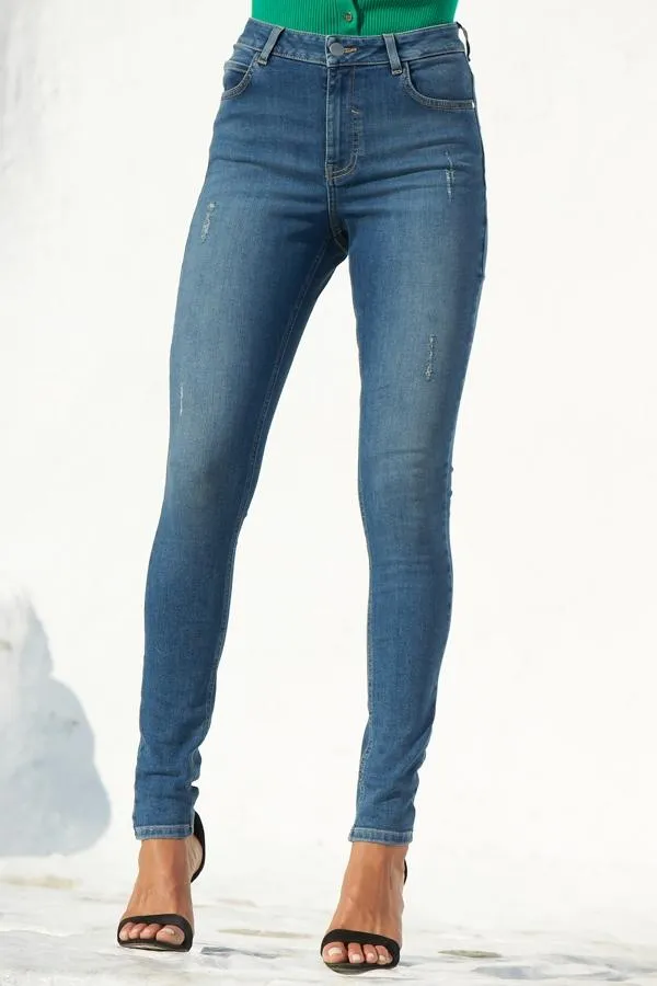 Sosandar Jeans and Jeggings Women Mid Blue Distressed Skinny Jeans Mid Blue