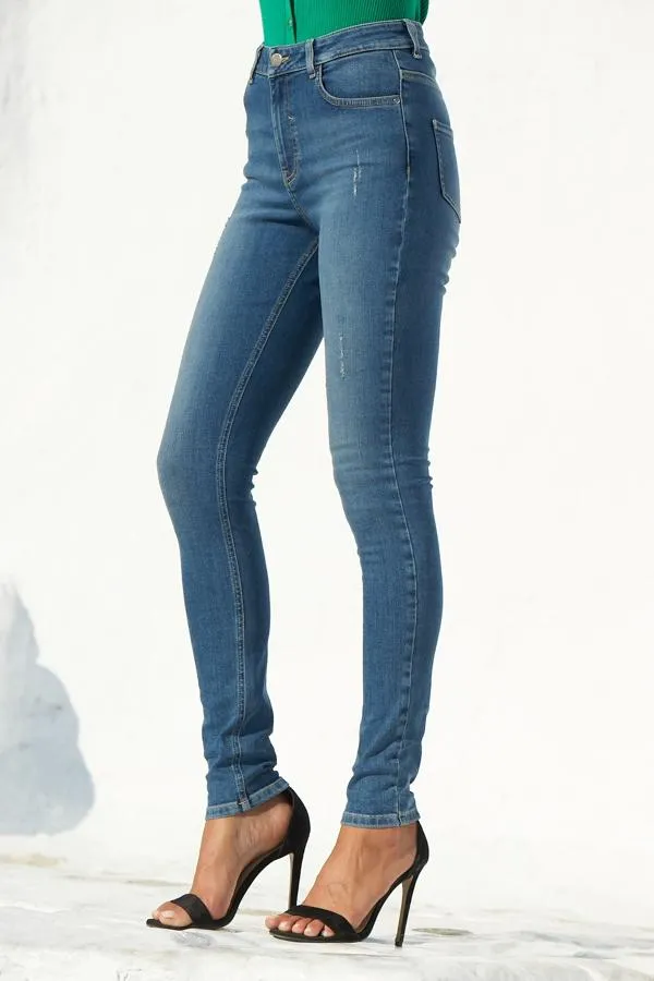 Sosandar Jeans and Jeggings Women Mid Blue Distressed Skinny Jeans Mid Blue