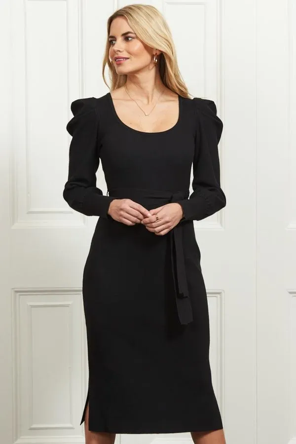 Sosandar Knitwear Women Black Blouson Sleeve Ribbed Belted Midi Dress Black