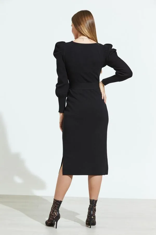 Sosandar Knitwear Women Black Blouson Sleeve Ribbed Belted Midi Dress Black