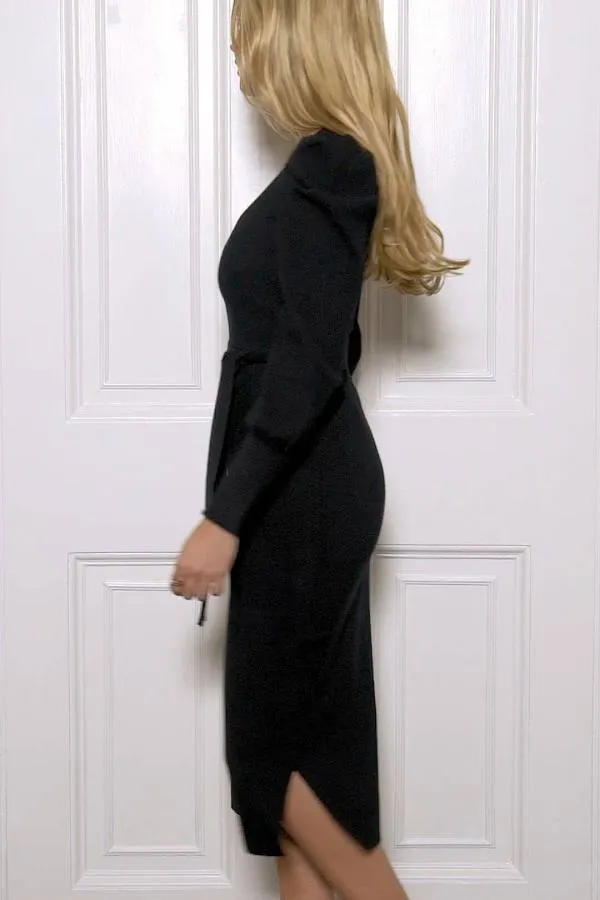 Sosandar Knitwear Women Black Blouson Sleeve Ribbed Belted Midi Dress Black
