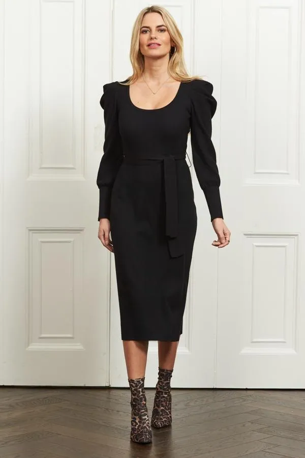 Sosandar Knitwear Women Black Blouson Sleeve Ribbed Belted Midi Dress Black