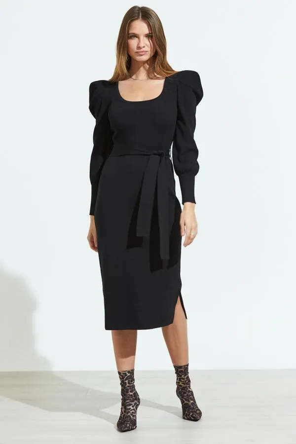 Sosandar Knitwear Women Black Blouson Sleeve Ribbed Belted Midi Dress Black