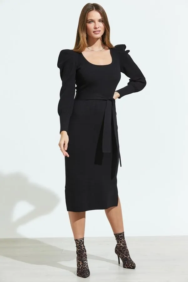 Sosandar Knitwear Women Black Blouson Sleeve Ribbed Belted Midi Dress Black