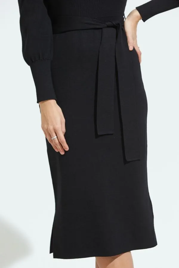 Sosandar Knitwear Women Black Blouson Sleeve Ribbed Belted Midi Dress Black