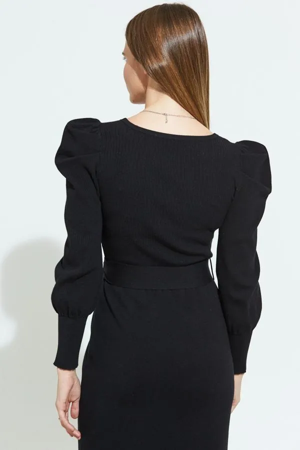 Sosandar Knitwear Women Black Blouson Sleeve Ribbed Belted Midi Dress Black
