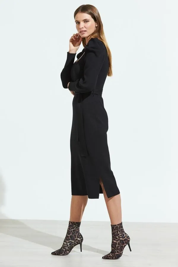 Sosandar Knitwear Women Black Blouson Sleeve Ribbed Belted Midi Dress Black
