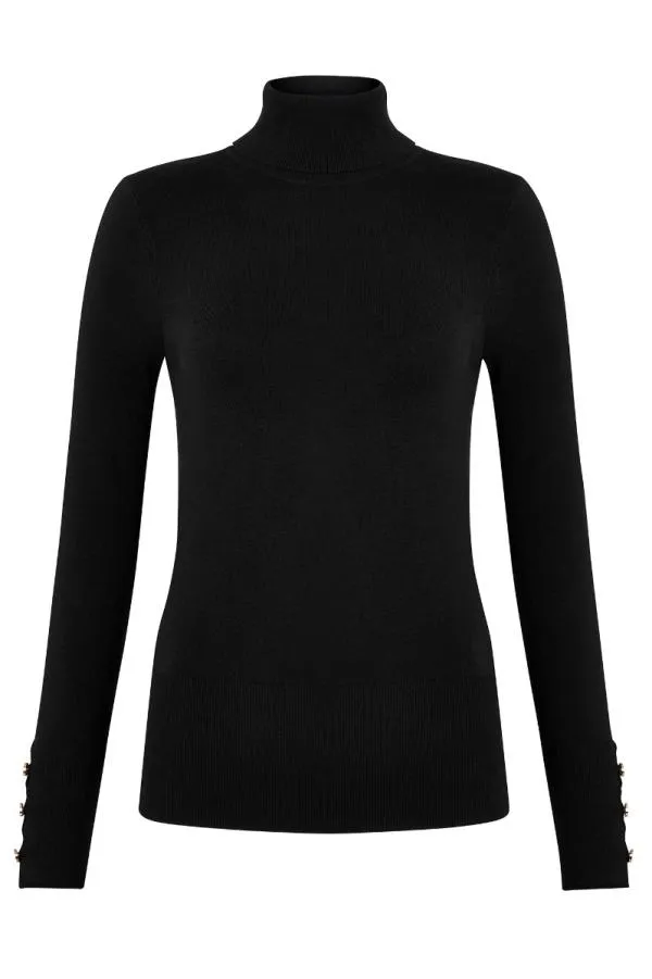 Sosandar Knitwear Women Black Button Sleeve Detail Polo Neck Jumper Black
