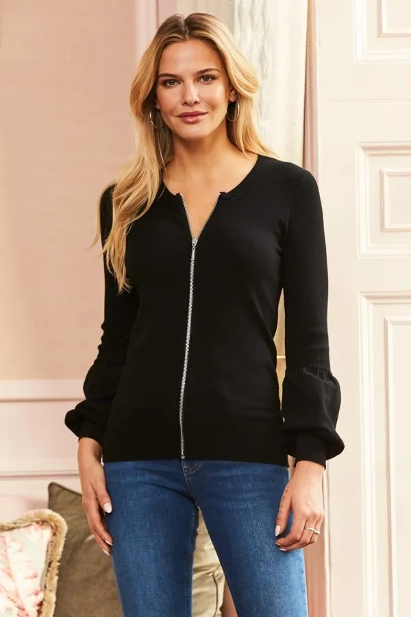 Sosandar Knitwear Women Black Knitted Zip Front Cardigan Black