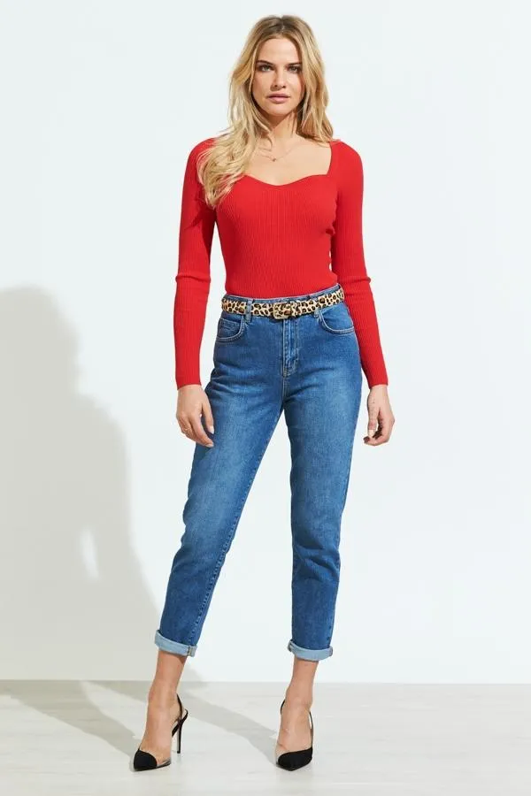 Sosandar Knitwear Women Red Sweetheart Neck Ribbed Jumper Red