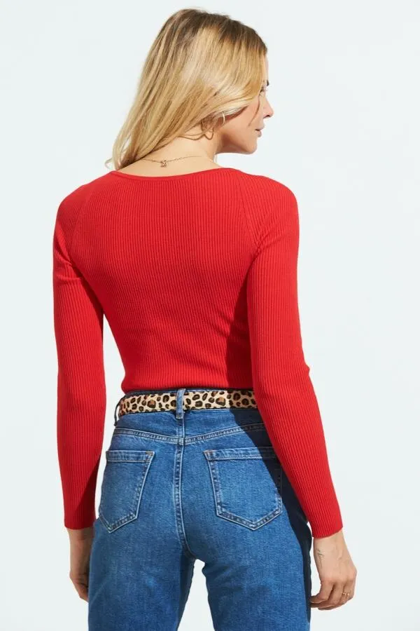 Sosandar Knitwear Women Red Sweetheart Neck Ribbed Jumper Red