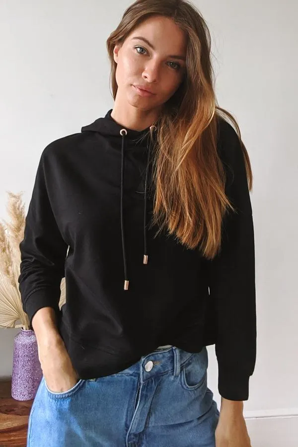 Sosandar Loungewear Women Black Premium Jersey Hooded Top Black