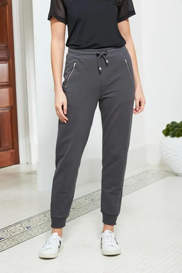 Sosandar Loungewear Women Charcoal Grey Premium Jersey Silver Zip Detail Joggers Charcoal Grey