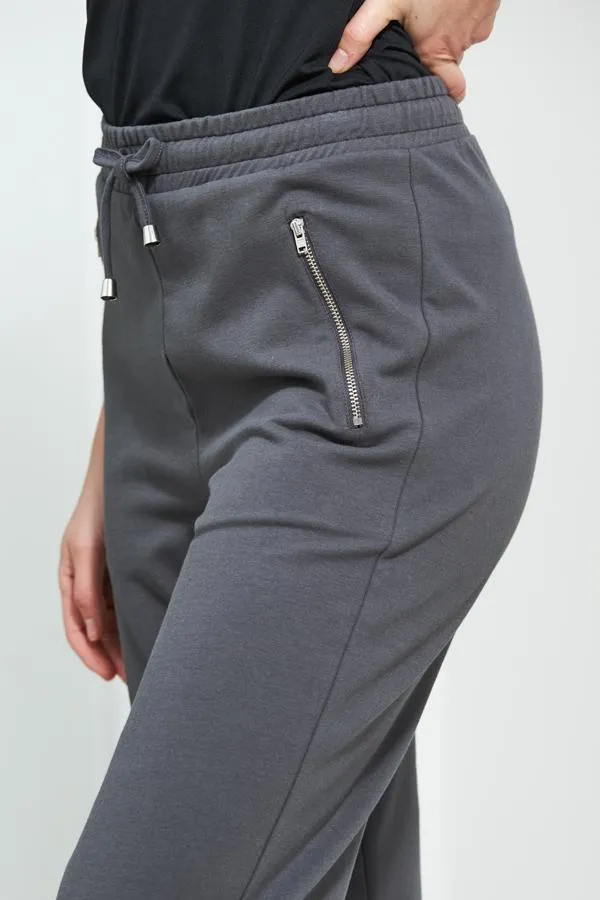 Sosandar Loungewear Women Charcoal Grey Premium Jersey Silver Zip Detail Joggers Charcoal Grey