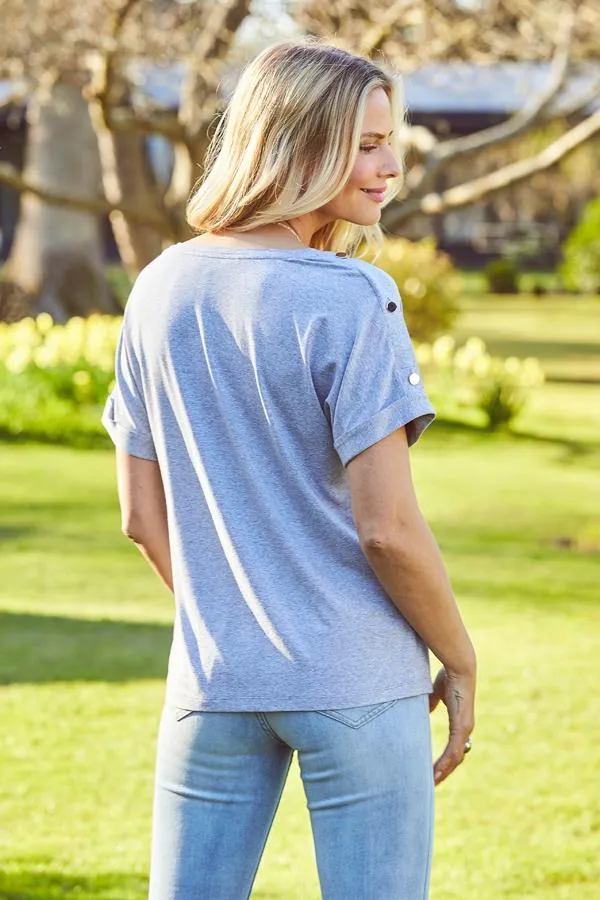 Sosandar Loungewear Women Grey Marl Button Shoulder Detail T Shirt Grey