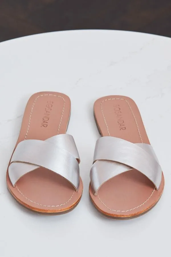 Sosandar Sandals and Flip Flops Women Lisbon Silver Leather Cross Strap Mule Flat Sandal Silver
