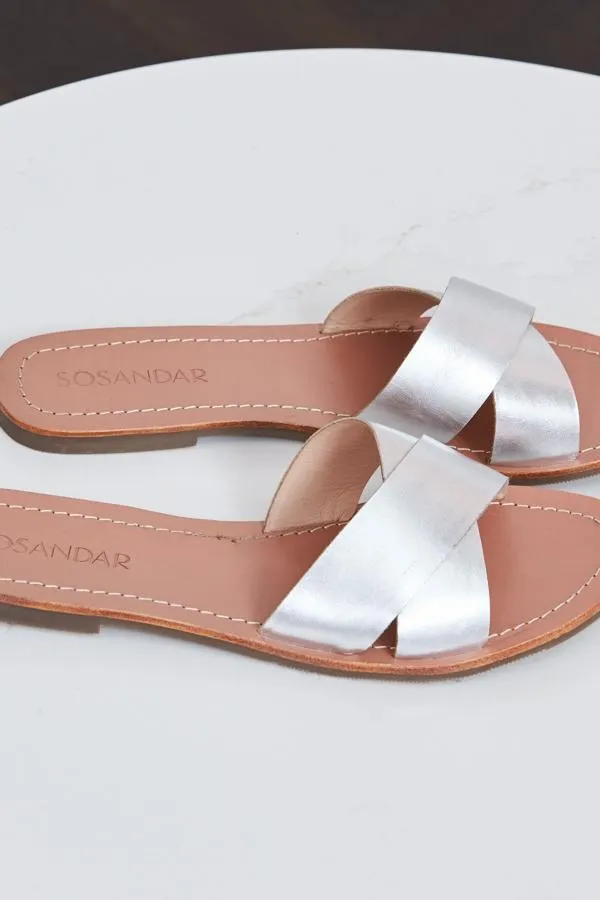 Sosandar Sandals and Flip Flops Women Lisbon Silver Leather Cross Strap Mule Flat Sandal Silver