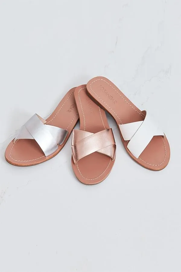 Sosandar Sandals and Flip Flops Women Lisbon Silver Leather Cross Strap Mule Flat Sandal Silver