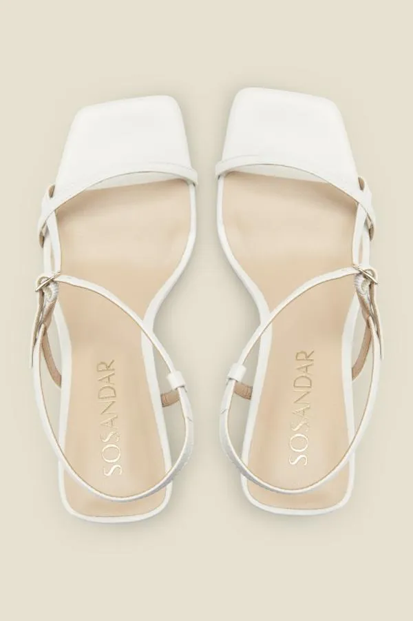 Sosandar Sandals and Flip Flops Women Naples White Leather Fine Strap Square Heel Sandal White