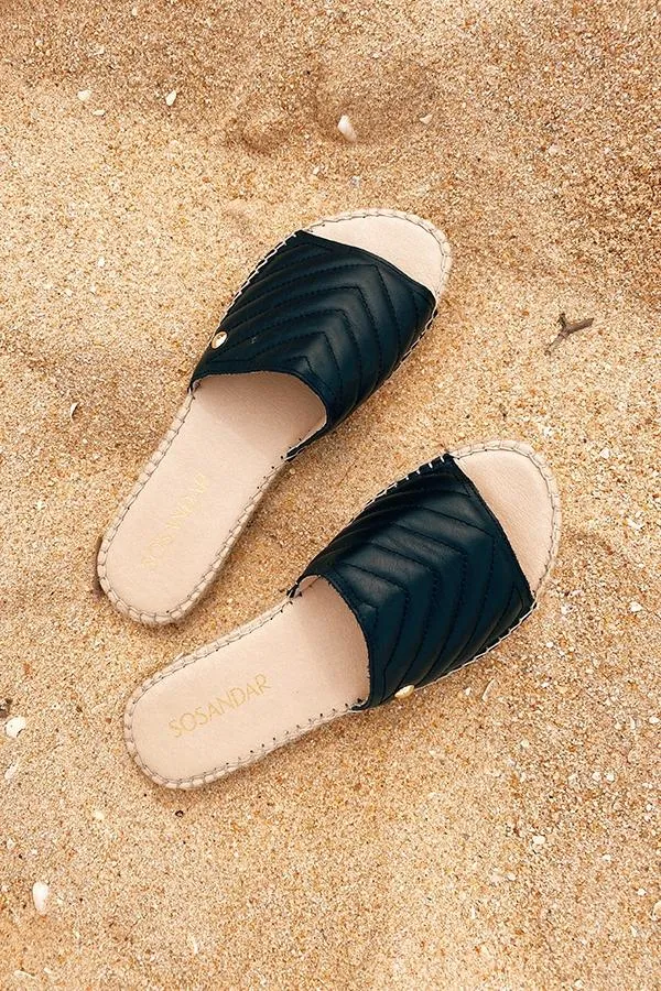 Sosandar Sandals and Flip Flops Women Perri Black Leather Espadrille Flat Sandal Black Sosandar Sandals and Flip Flops Women Perri Black Leather Espadrille Flat Sandal Black