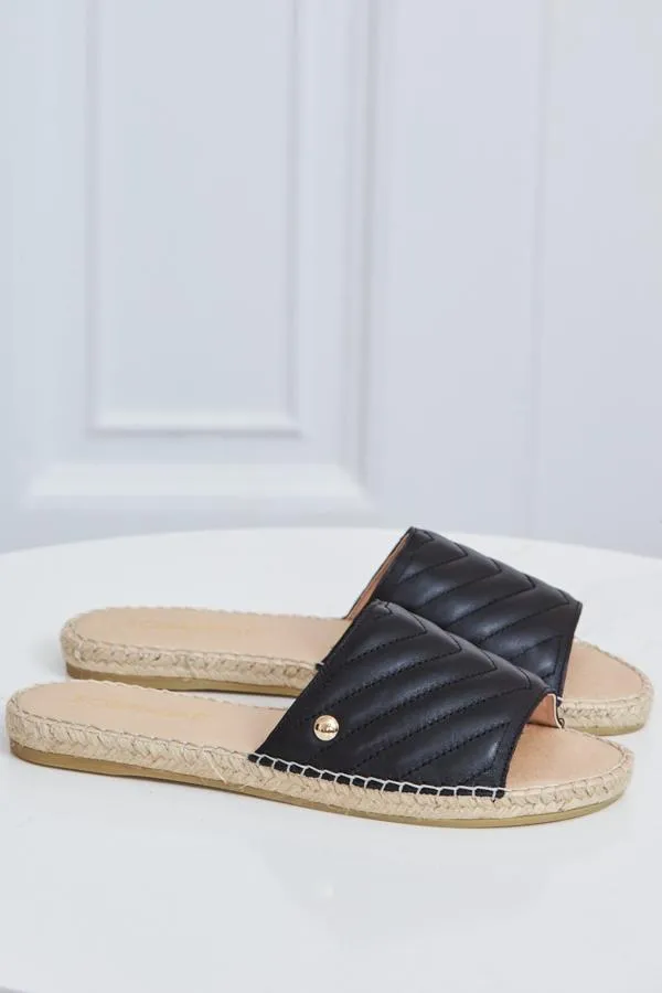 Sosandar Sandals and Flip Flops Women Perri Black Leather Espadrille Flat Sandal Black