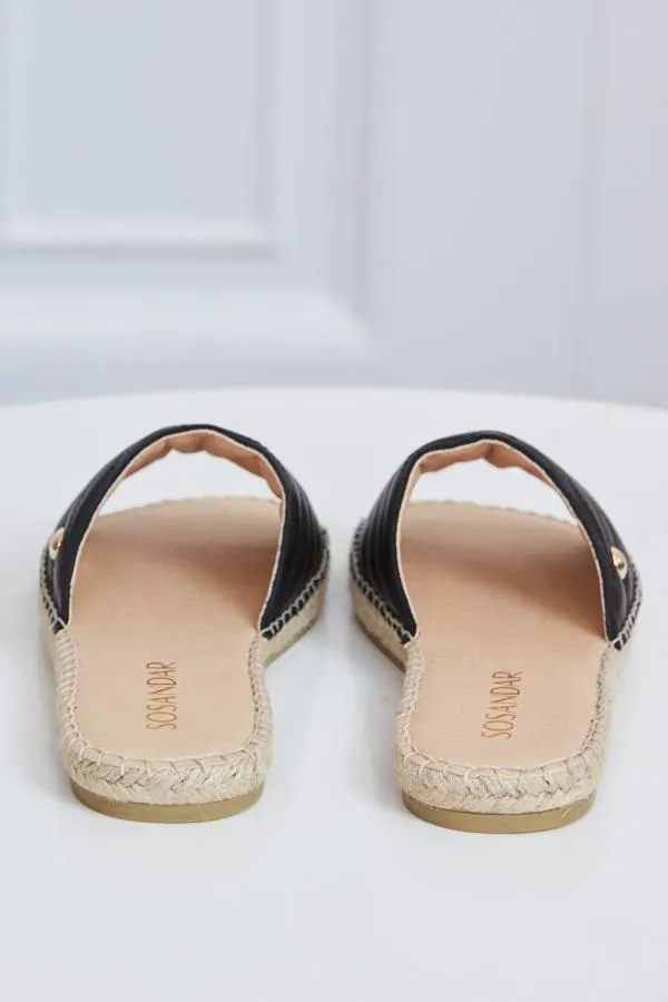 Sosandar Sandals and Flip Flops Women Perri Black Leather Espadrille Flat Sandal Black