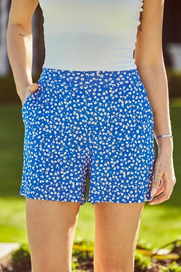 Sosandar Shorts Women Blue Ditsy Floral Print Jersey Shorts With Pockets Blue