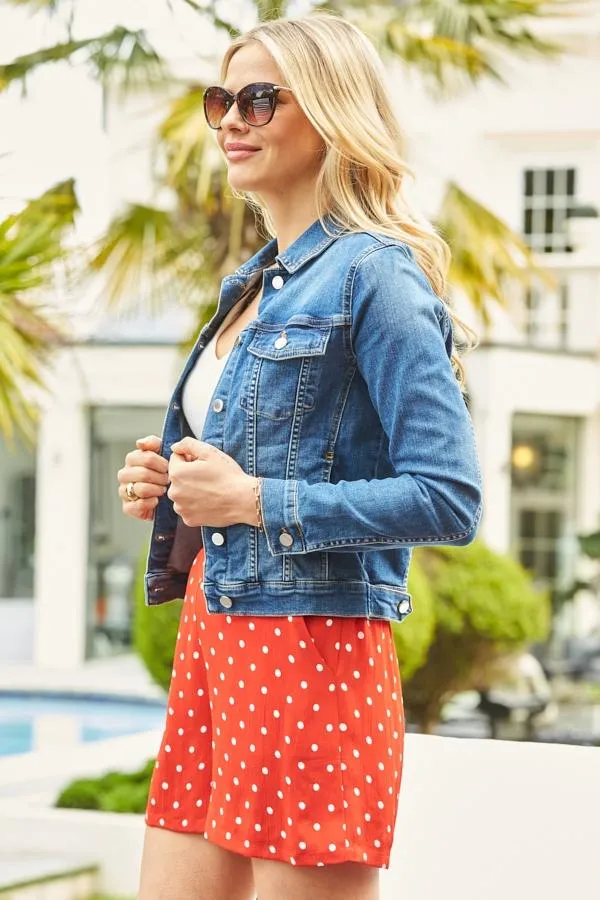 Sosandar Shorts Women Red and White Spot Print Stretch Waist Shorts With Pockets Red White