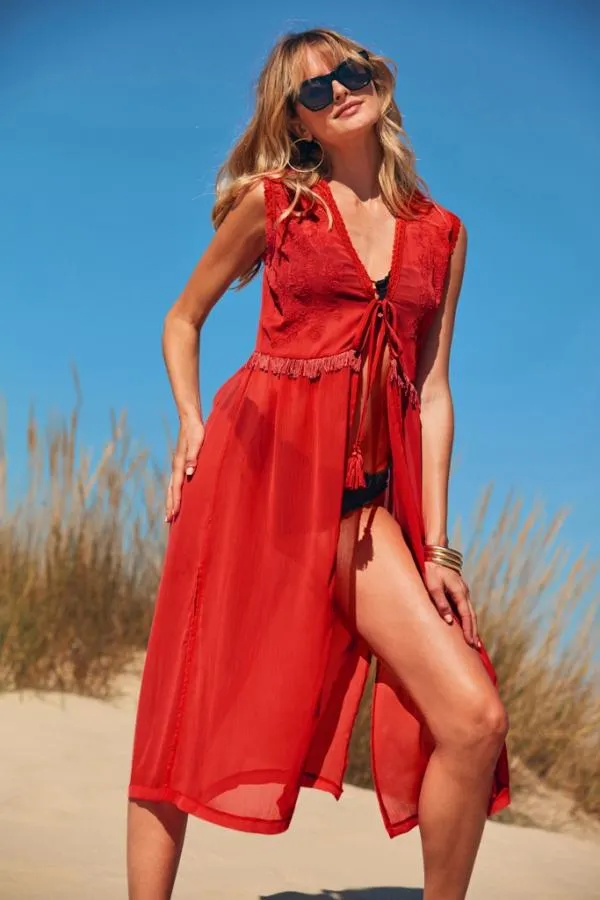 Sosandar Swim and Beachwear Women Red Embroidery Detail Kaftan Red