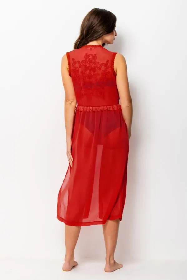 Sosandar Swim and Beachwear Women Red Embroidery Detail Kaftan Red