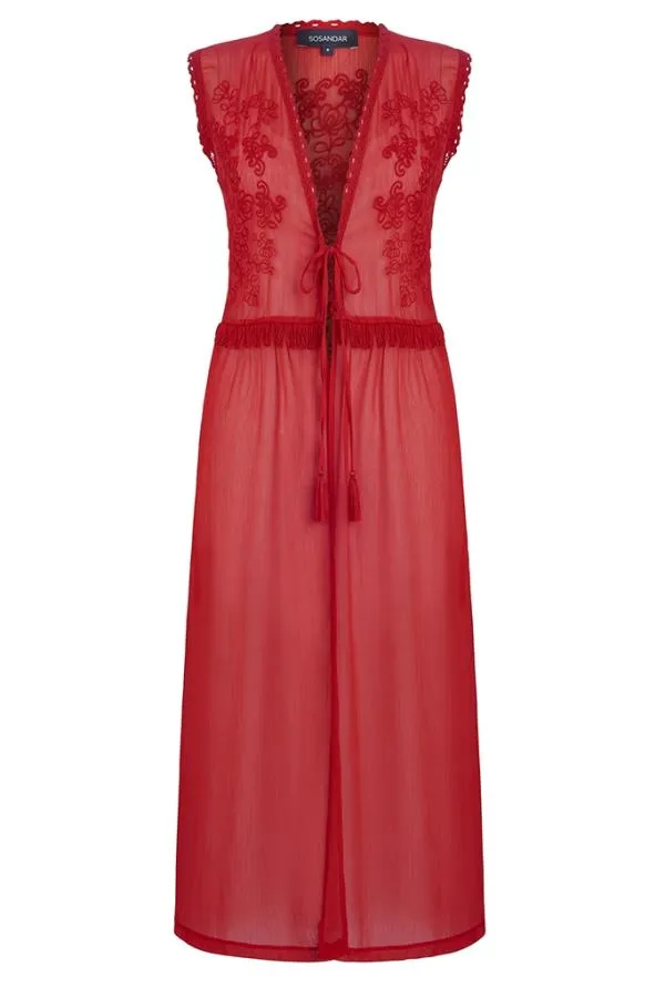 Sosandar Swim and Beachwear Women Red Embroidery Detail Kaftan Red