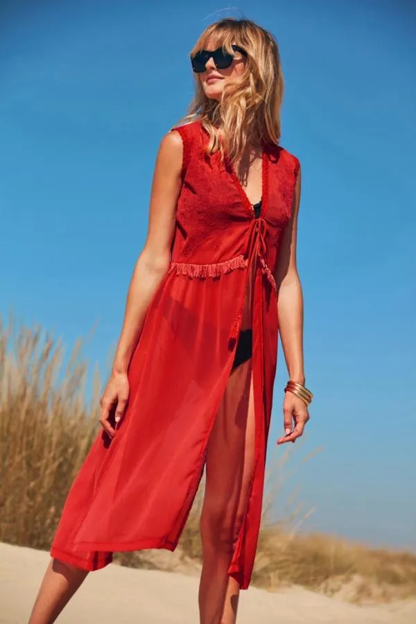 Sosandar Swim and Beachwear Women Red Embroidery Detail Kaftan Red