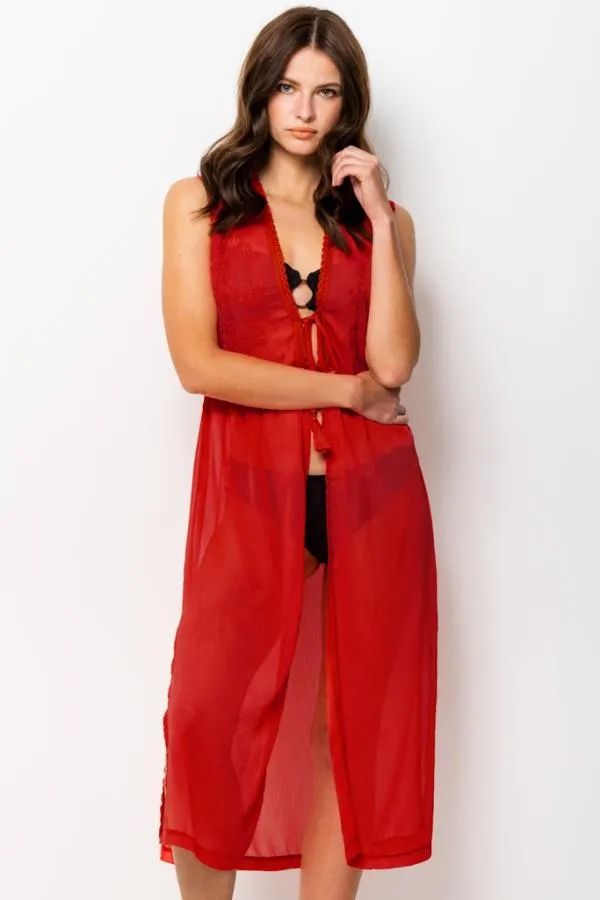 Sosandar Swim and Beachwear Women Red Embroidery Detail Kaftan Red