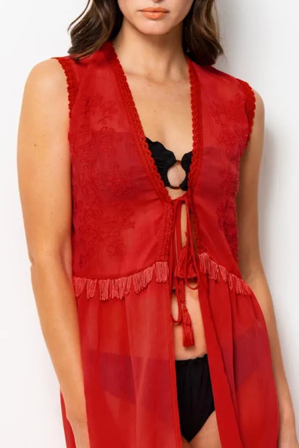 Sosandar Swim and Beachwear Women Red Embroidery Detail Kaftan Red