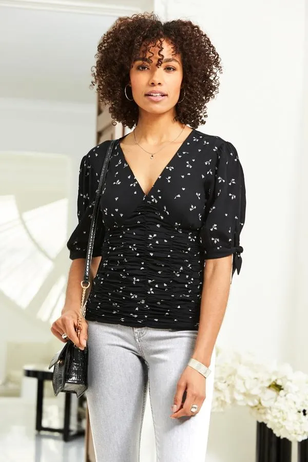 Sosandar Tops Women Black Ditsy Print Ruched Front Tie Sleeve Top Black