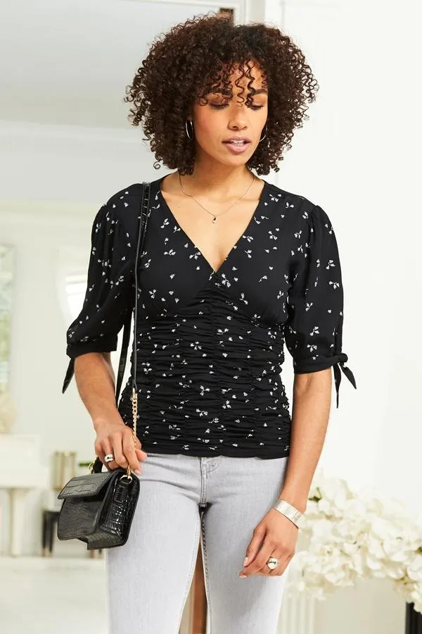 Sosandar Tops Women Black Ditsy Print Ruched Front Tie Sleeve Top Black