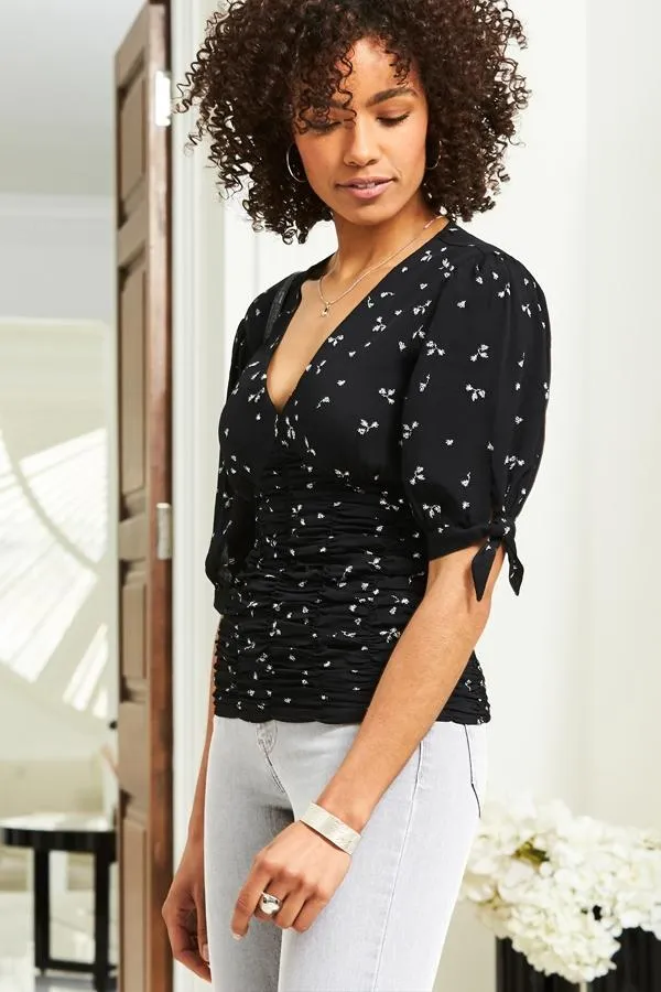 Sosandar Tops Women Black Ditsy Print Ruched Front Tie Sleeve Top Black