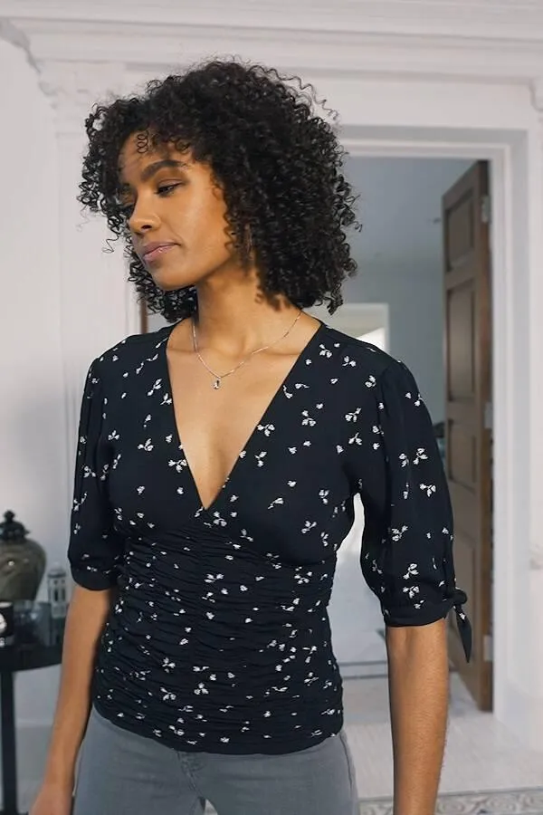 Sosandar Tops Women Black Ditsy Print Ruched Front Tie Sleeve Top Black