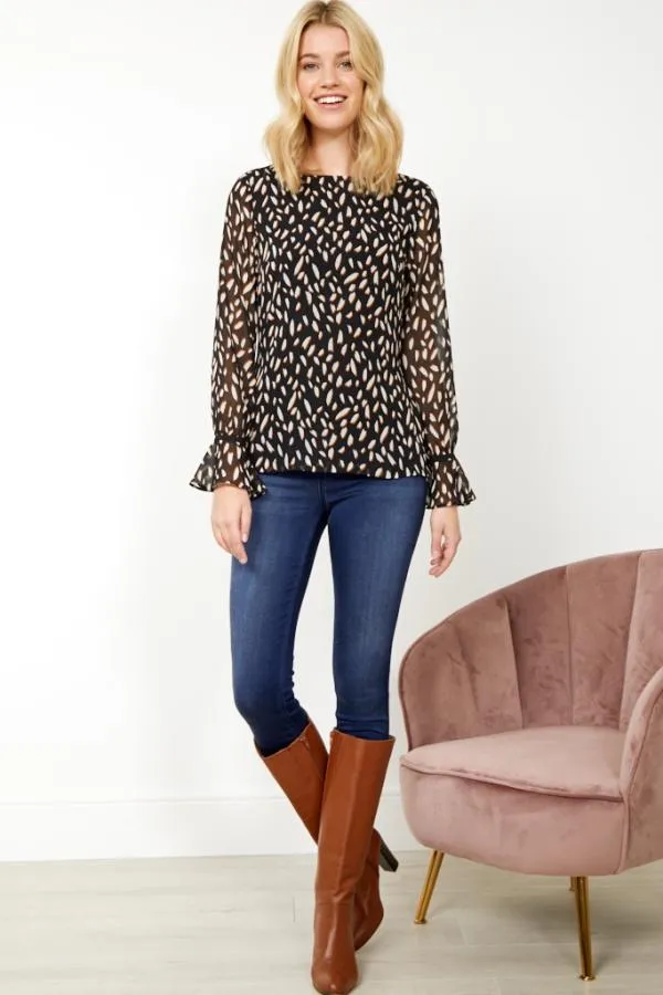 Sosandar Tops Women Black Fleck Print Fluted Cuff Top Black