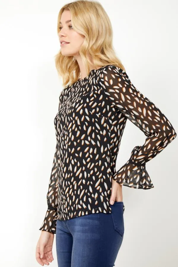 Sosandar Tops Women Black Fleck Print Fluted Cuff Top Black