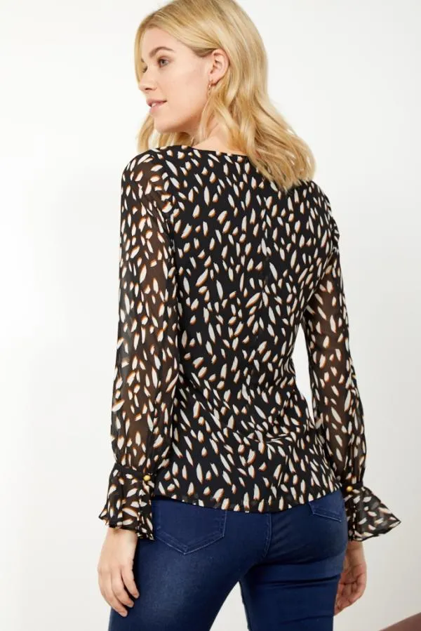 Sosandar Tops Women Black Fleck Print Fluted Cuff Top Black