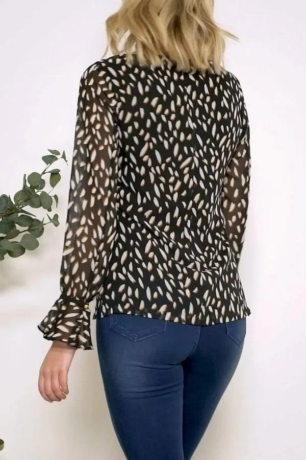 Sosandar Tops Women Black Fleck Print Fluted Cuff Top Black
