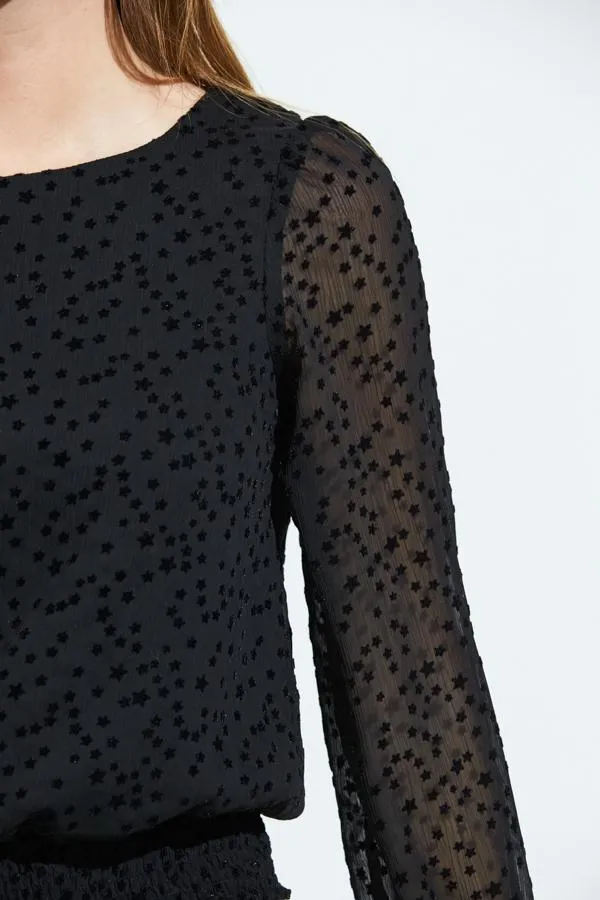 Sosandar Tops Women Black Flock Spot Detail Shirred Waist Mesh Top Black