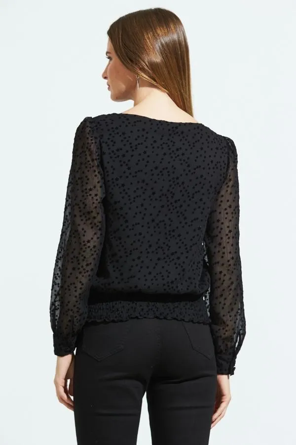 Sosandar Tops Women Black Flock Spot Detail Shirred Waist Mesh Top Black