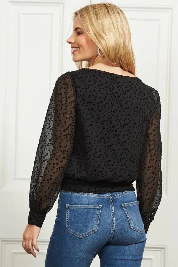 Sosandar Tops Women Black Flock Spot Detail Shirred Waist Mesh Top Black