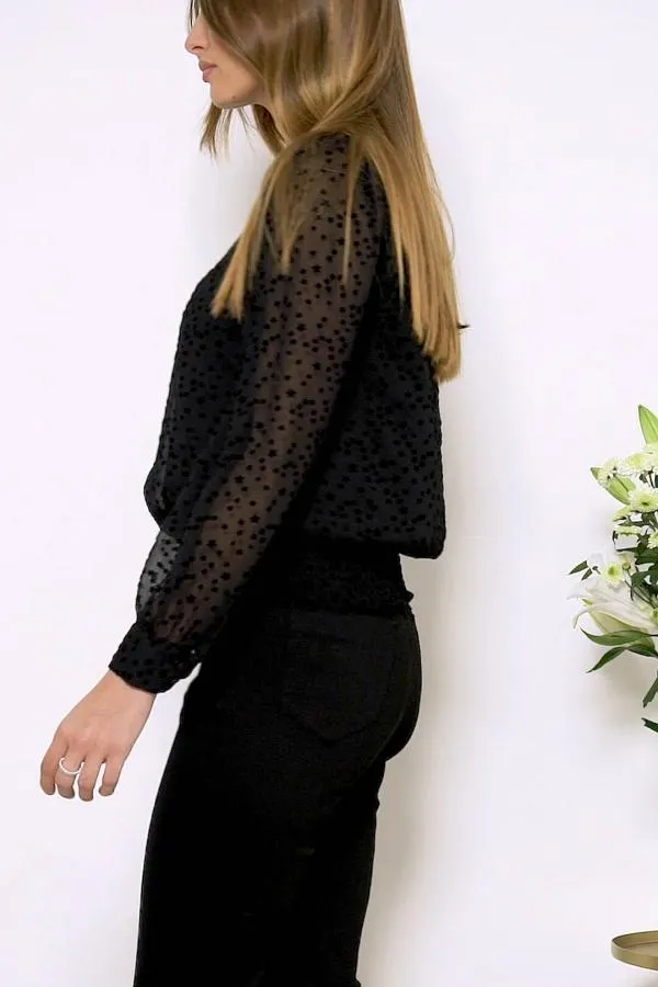 Sosandar Tops Women Black Flock Spot Detail Shirred Waist Mesh Top Black