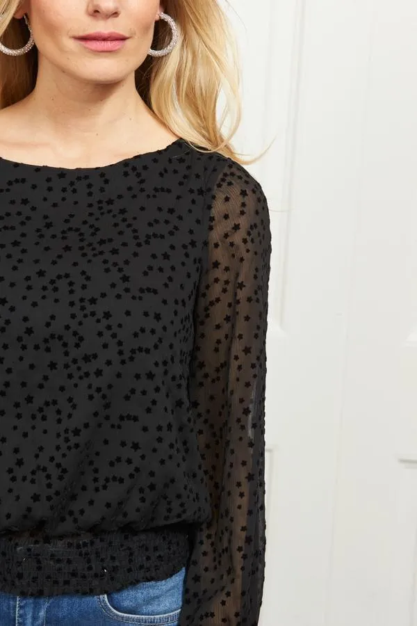 Sosandar Tops Women Black Flock Spot Detail Shirred Waist Mesh Top Black