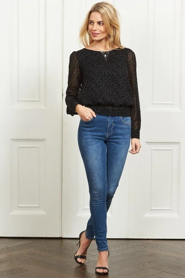 Sosandar Tops Women Black Flock Spot Detail Shirred Waist Mesh Top Black